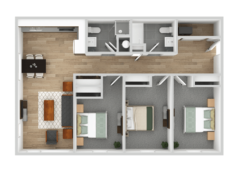 Floor plan for 3 beds, 2 baths, 1170 sqft